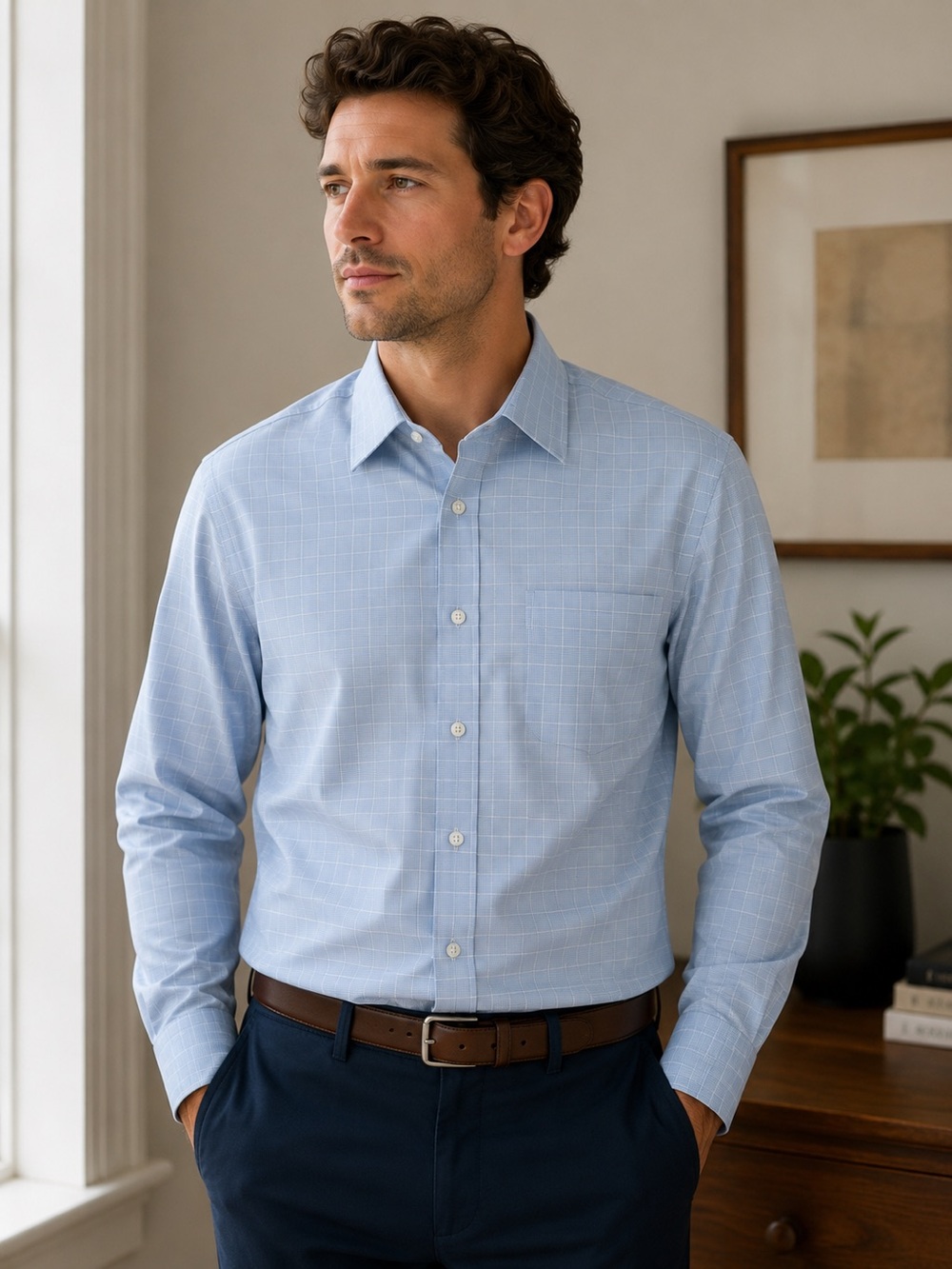 Lands’ End Men’s No Iron Dress Shirt – 16½ x 33 – Light Blue Windowpane - Picture 2 of 13